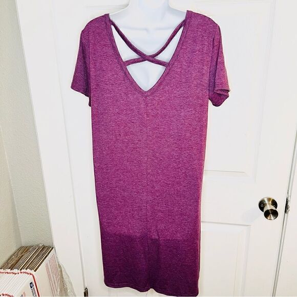 Yelete Criss Cross Back TShirt Dress Swing Athletic VNeck Purple S - Picture 5 of 8